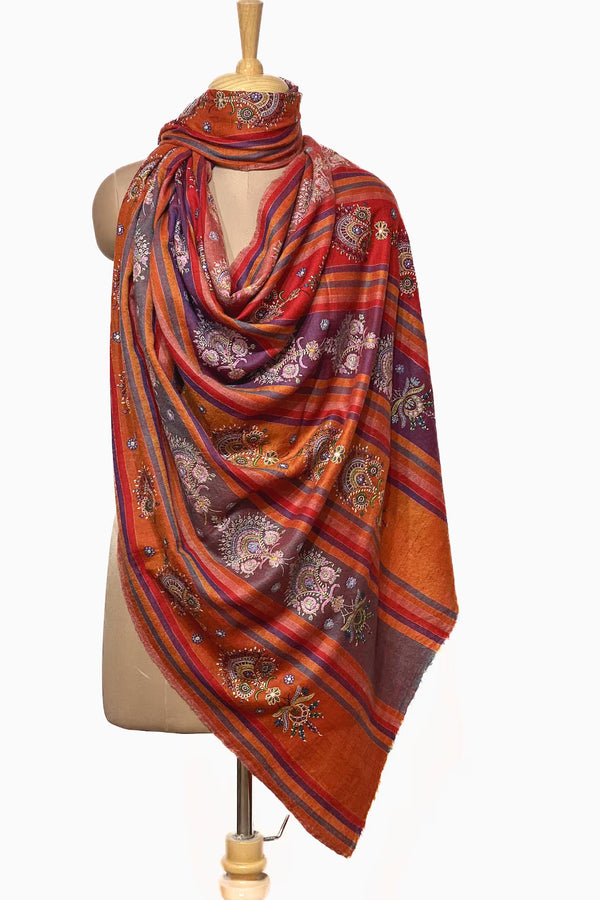 Stripes Pure Pashmina Shawl Sozni Hand Work