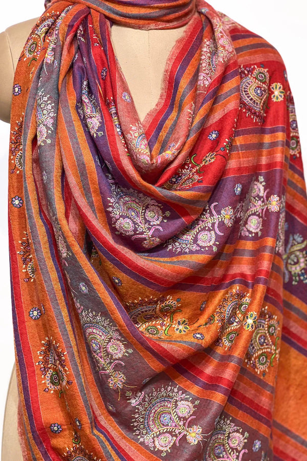 Stripes Pure Pashmina Shawl Sozni Hand Work