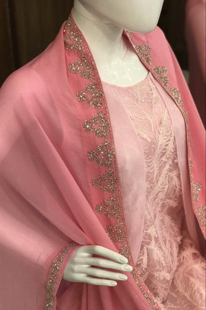 Mannequin wearing a pink embroidered outfit with a dark background
