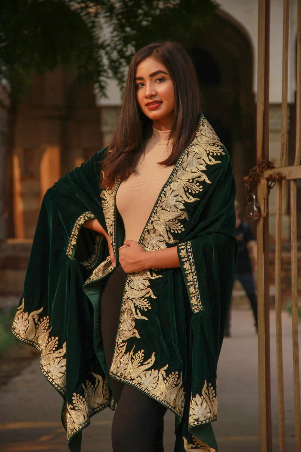 #BottleGreen Bottle Green Embroidered Velvet Cape Orni Bara Chinaar Design