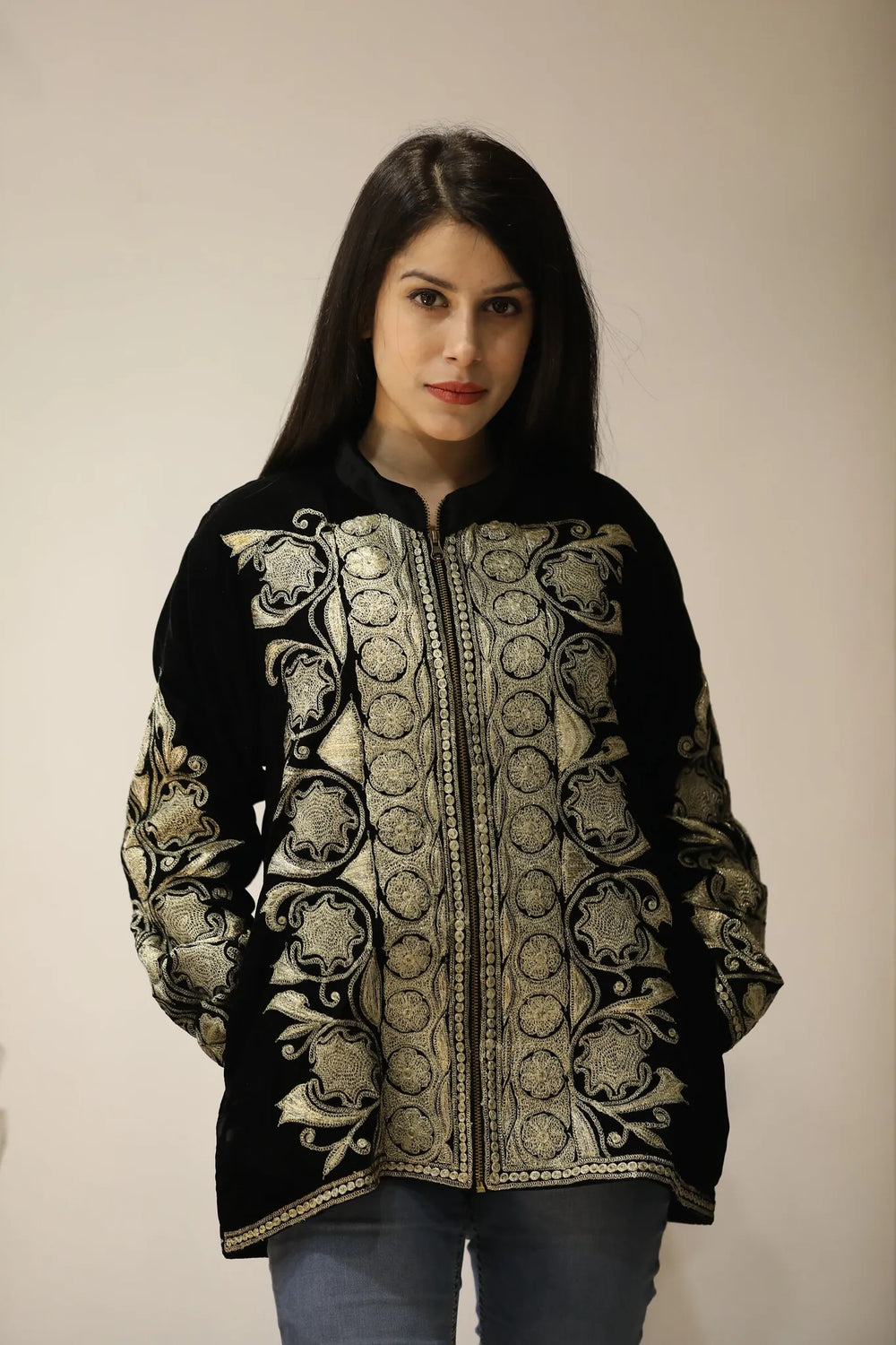 Black Velvet Zipper Jacket with Puff Gold Tilla