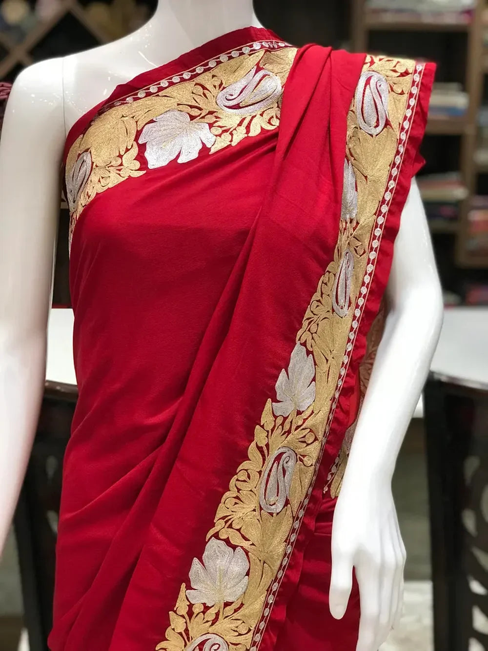 Red Semi-Crepe Zari Embroidered Kashmiri Saree