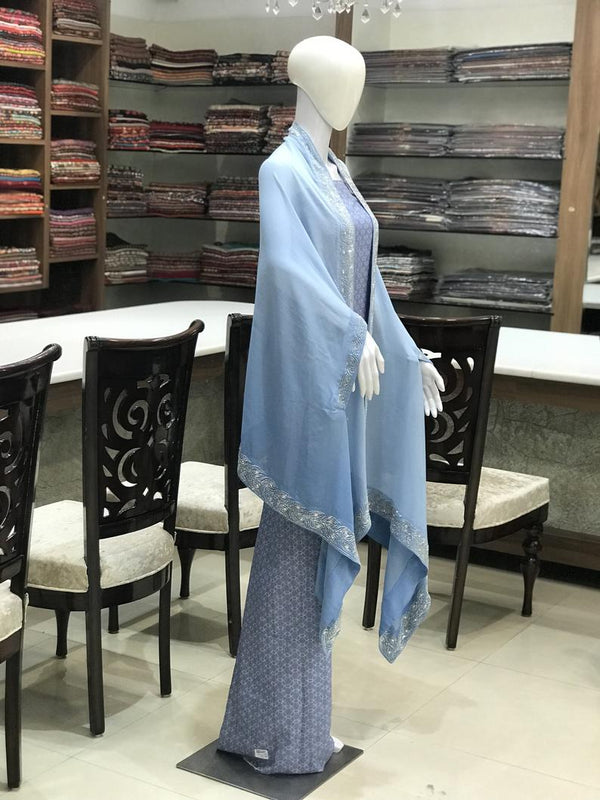 Georgette Summer Cape with Hand Kardana Work - Ombre Blue