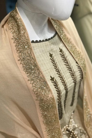 Beige embroidered garment on a mannequin with a blurred background