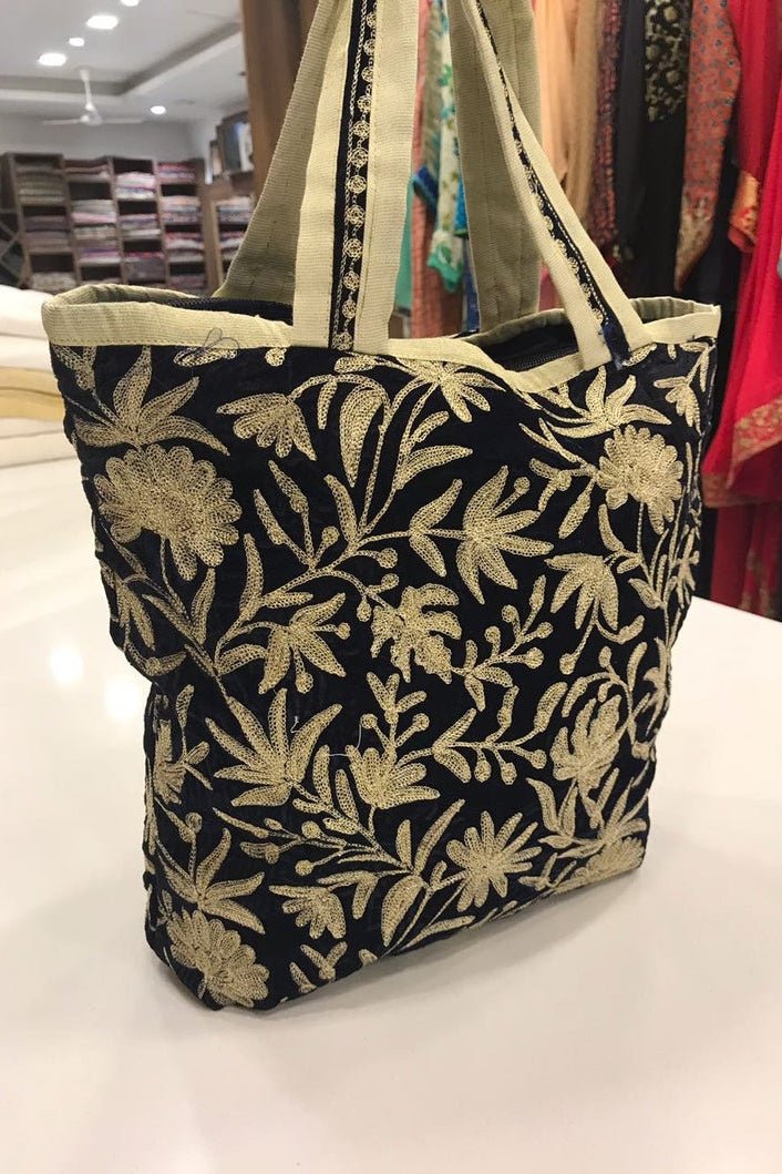 Black Velvet Zari Embroidered Tote Bag close up