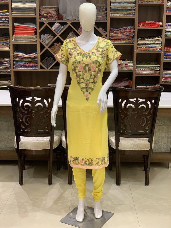 Yellow Suit with Pastel Floral Aari Embroidery