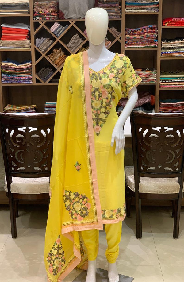 Yellow Suit with Pastel Floral Aari Embroidery