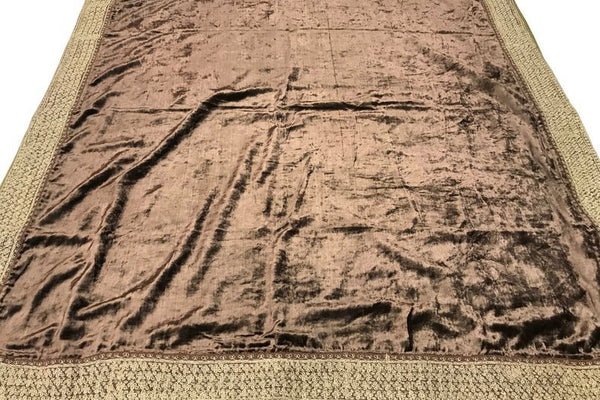 Brown Silk Velvet Shawl with 4 Side Tilla Chaputri Border