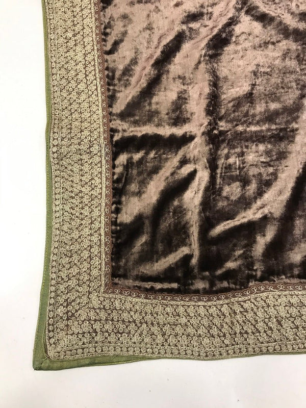Brown Silk Velvet Shawl with 4 Side Tilla Chaputri Border