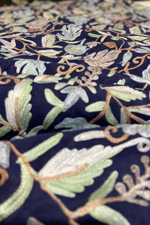 Close-up of embroidered fabric with floral patterns on a dark background