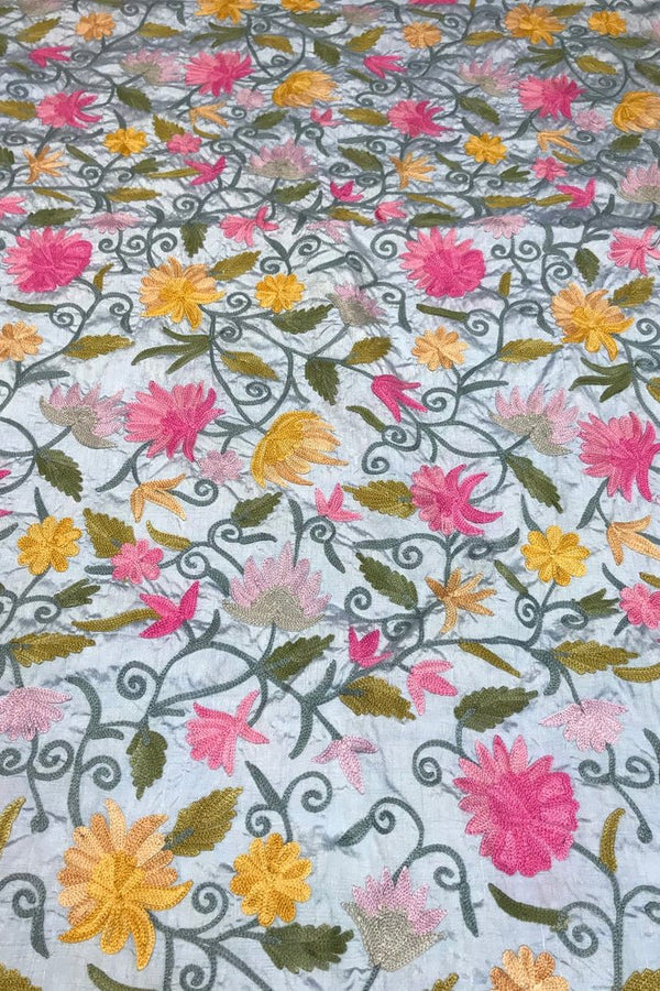 Floral pattern with pink, yellow, and green flowers on a light blue background
