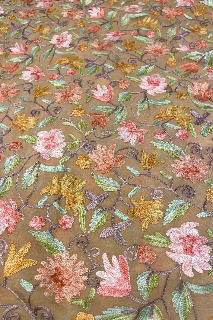 Beige Embroidered Chinon Fabric, Kashmiri floral jaal Running Length