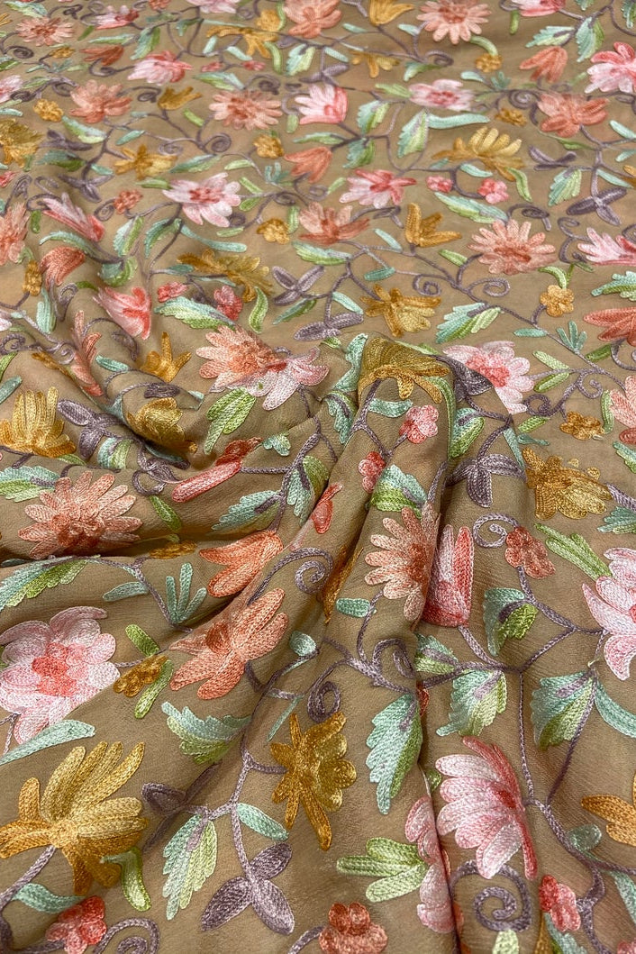 Beige Embroidered Chinon Fabric, Kashmiri floral jaal Running Length