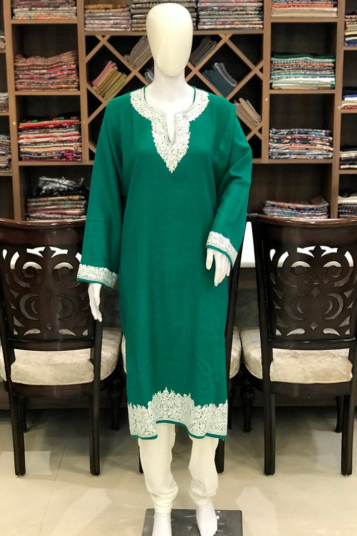 Green Kashmiri Phiran with White Embroidery
