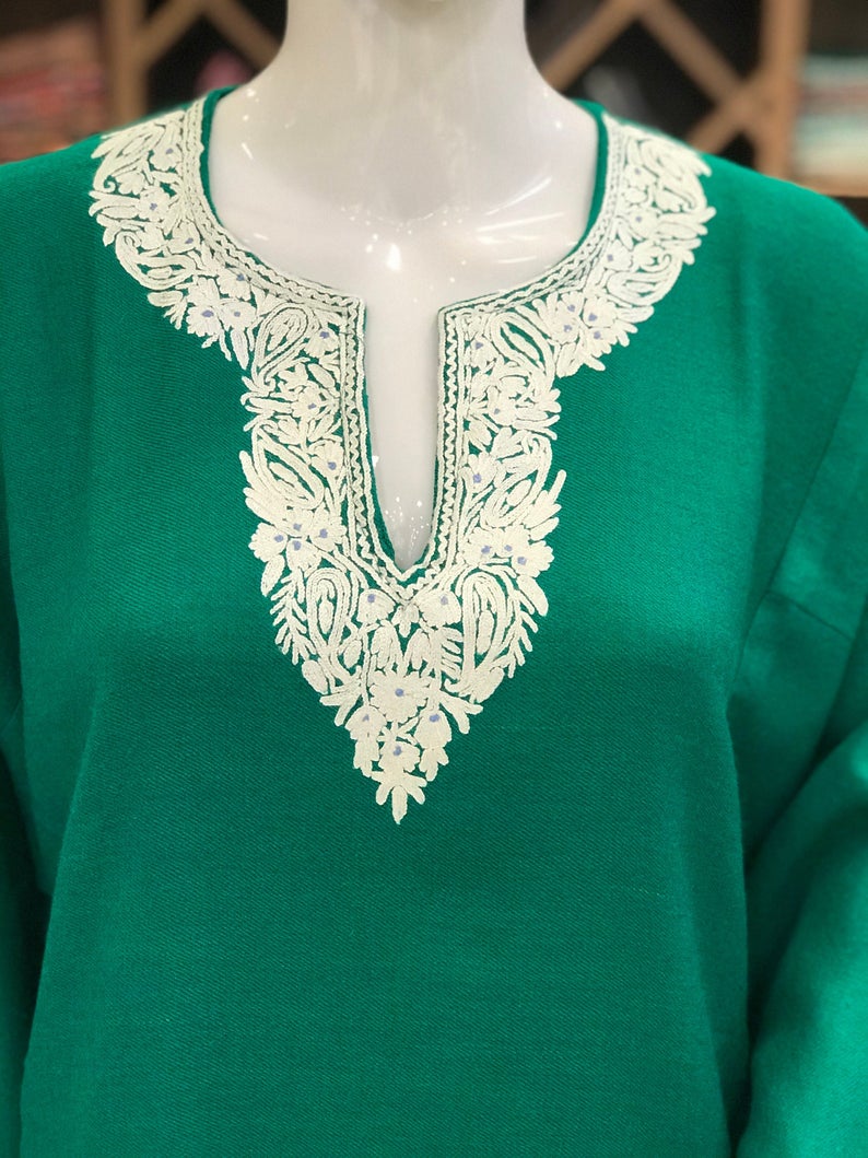 Green Kashmiri Phiran with White Embroidery