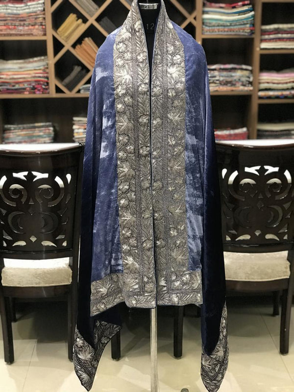 Ombre Blue Gloss Velvet Orni with Puff Tilla Work