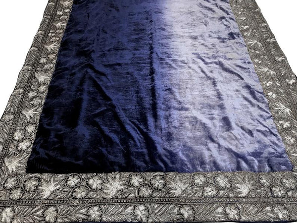 Ombre Blue Silk Velvet Orni with Puff Tilla Work flat view