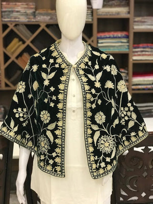 Bottle Green Velvet Cape Poncho with Kashmiri Zari Work
