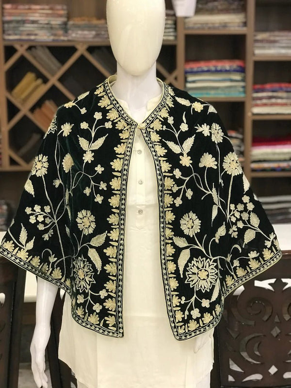 Bottle Green Velvet Cape Poncho with Kashmiri Zari Work