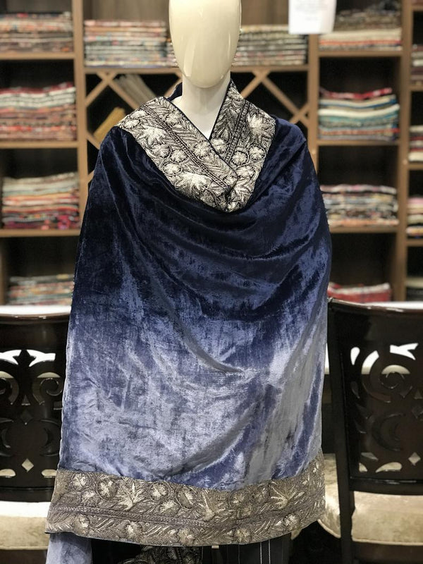 Ombre Blue Gloss Velvet Orni with Puff Tilla Work