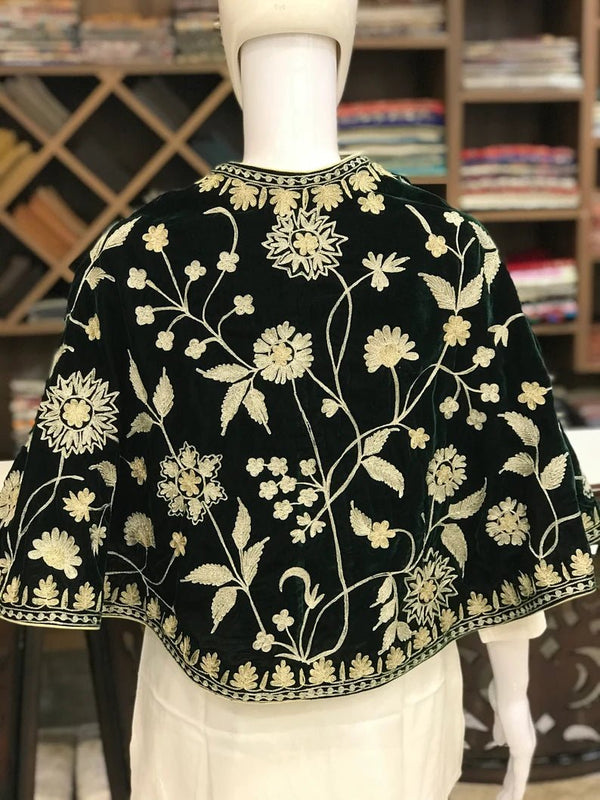 Bottle Green Velvet Cape Poncho with Kashmiri Zari Work