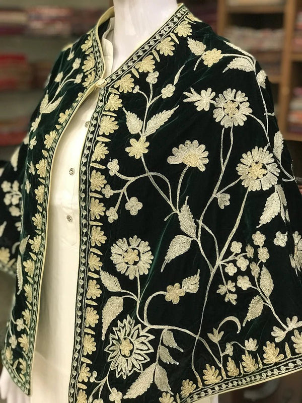 Bottle Green Velvet Cape Poncho with Kashmiri Zari Work