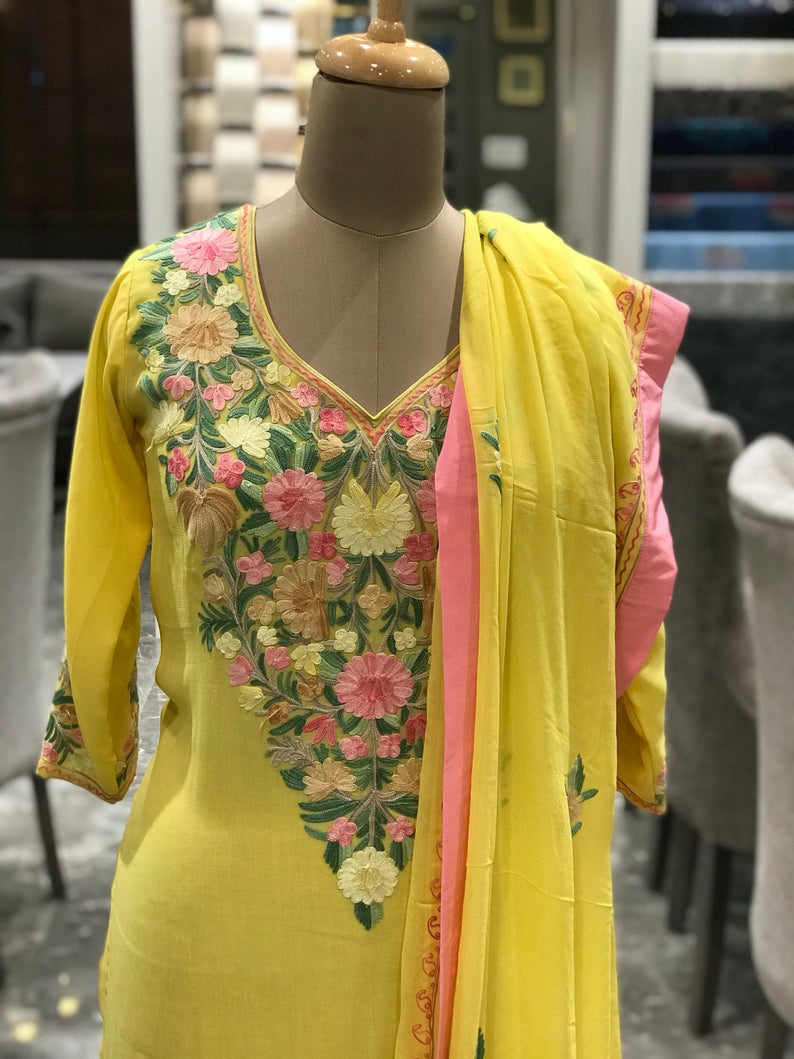 Yellow Suit with Pastel Floral Aari Embroidery