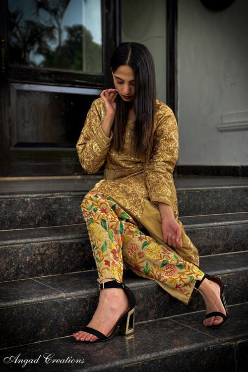 Beige Women Trouser with All Over Floral Embroidery