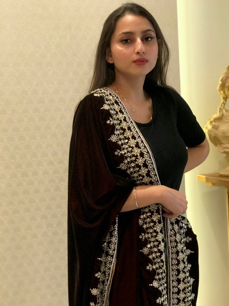 Wine Velvet Orni with Hand Cut Dana and Pearl Work shawl