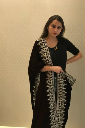 Wine Velvet Orni with Hand Cut Dana and Pearl Work shawl