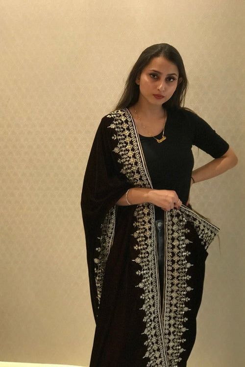 Wine Velvet Orni with Hand Cut Dana and Pearl Work shawl
