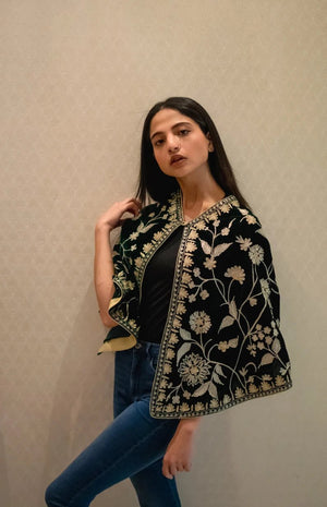 Bottle Green Velvet Cape Poncho with Kashmiri Zari Work