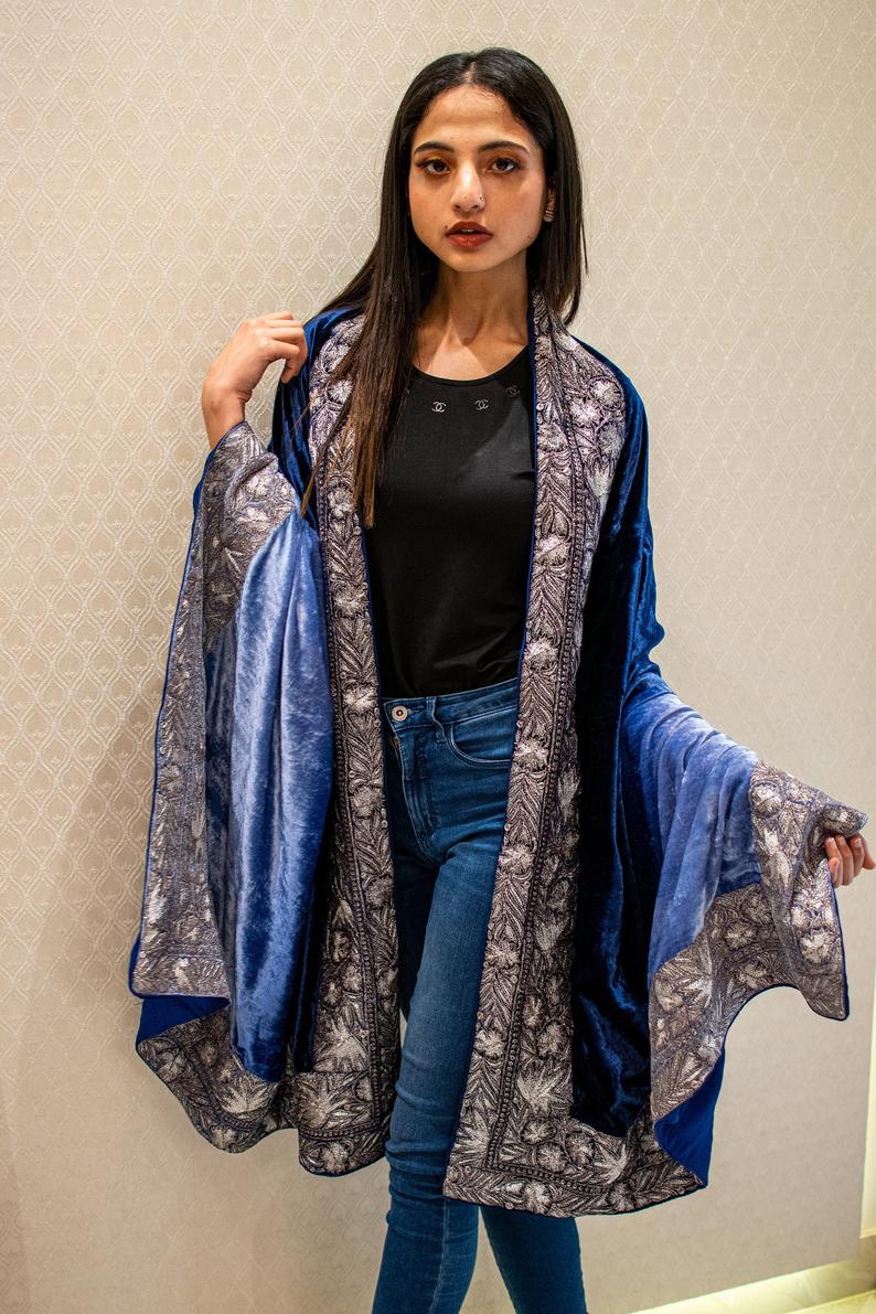 Ombre Blue Silk Velvet Orni with Puff Tilla Work