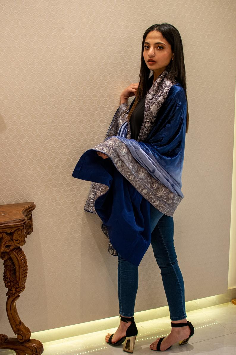 Ombre Blue Silk Velvet Orni with Puff Tilla Work