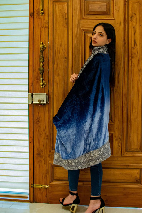 Ombre Blue Silk Velvet Orni with Puff Tilla Work flat view side view