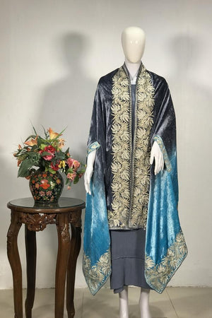 Silk Velvet Ombre Cape with Tilla Embroidery: Grey and Turquoise