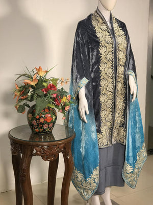 Silk Velvet Ombre Cape Shawl with Tilla Work: Grey & Turquoise