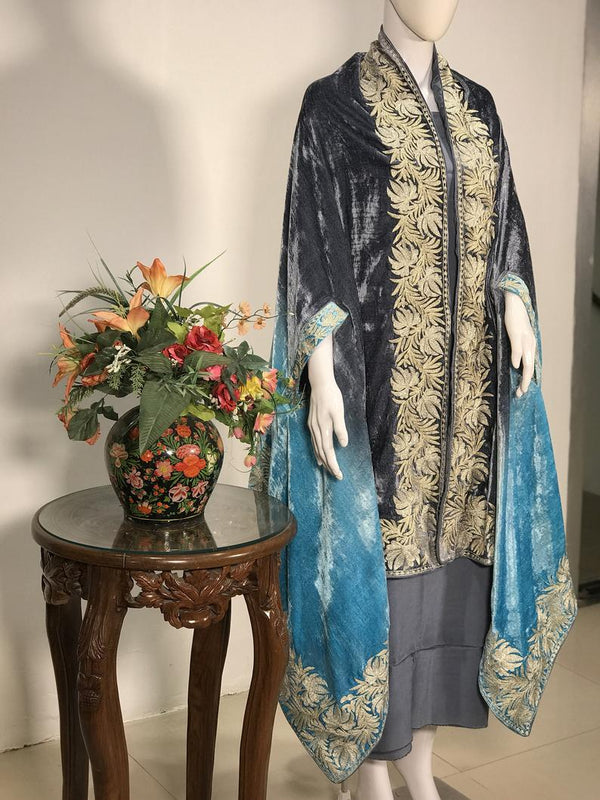 Silk Velvet Ombre Cape Shawl with Tilla Work: Grey & Turquoise