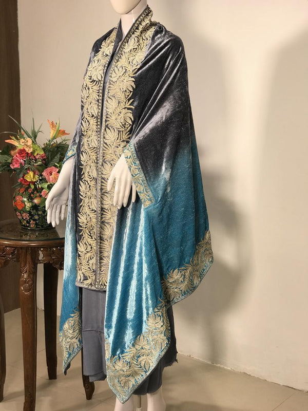 Silk Velvet Ombre Cape Shawl with Tilla Work: Grey & Turquoise