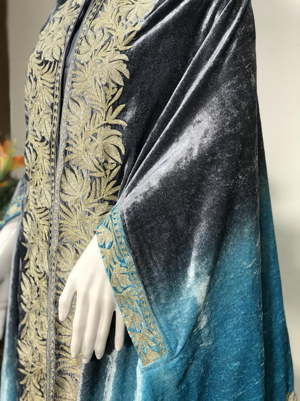 Silk Velvet Ombre Cape Shawl with Tilla Work: Grey & Turquoise