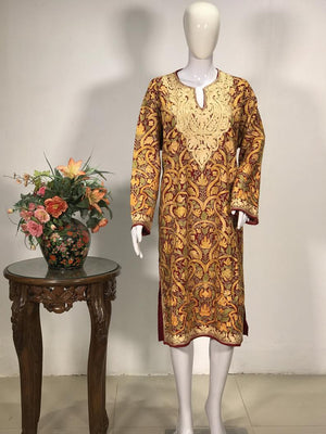 Red Pure Wool Kashmiri Phiran with Jaal Paisley Embroidery 2