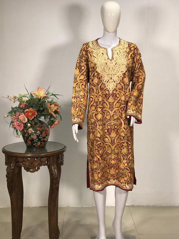 Red Pure Wool Kashmiri Phiran with Jaal Paisley Embroidery 2