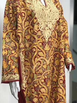 Red Pure Wool Kashmiri Phiran with Jaal Paisley Embroidery