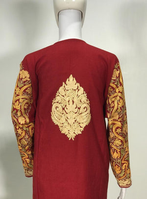 Red Pure Wool Kashmiri Phiran with Jaal Paisley Embroidery