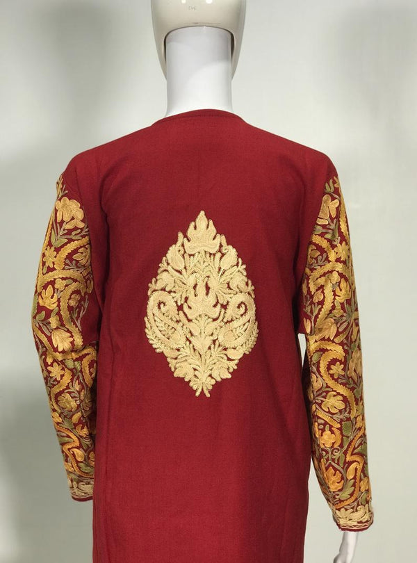 Red Pure Wool Kashmiri Phiran with Jaal Paisley Embroidery