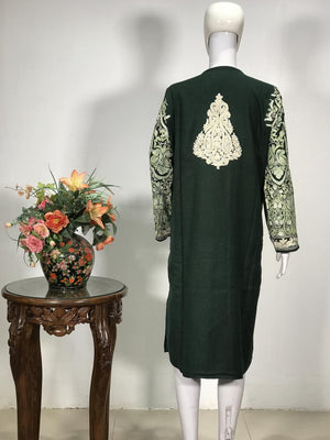 Dark Green Pure Wool Kashmiri Phiran with Jaal Paisley Embroidery
