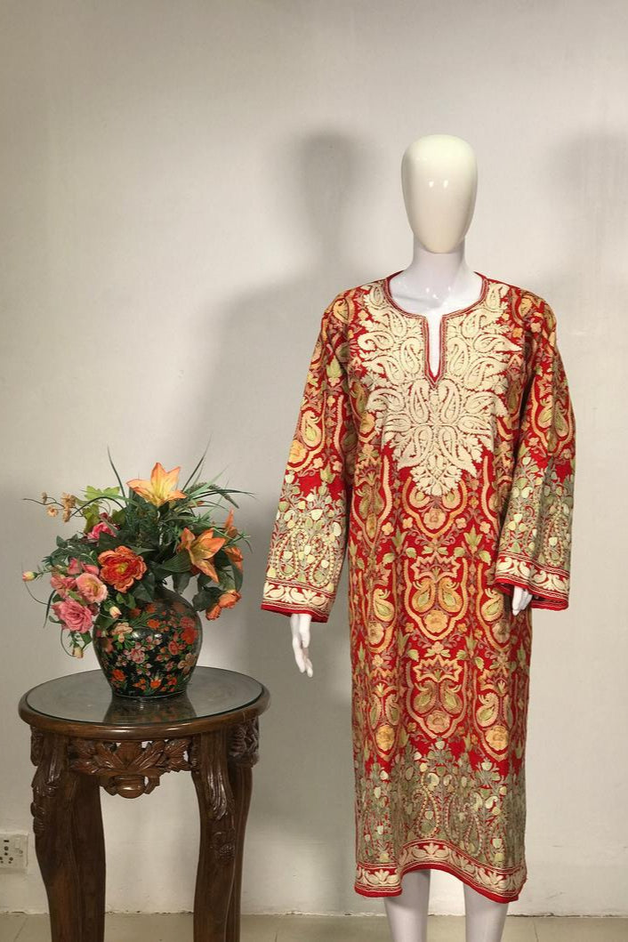 Red Pure Wool Kashmiri Pheran with Jaal Paisley Embroidery