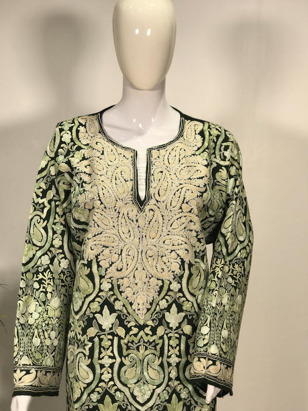 Dark Green Pure Wool Kashmiri Phiran with Jaal Paisley Embroidery