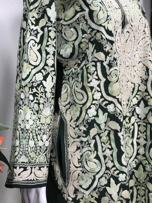 Dark Green Pure Wool Kashmiri Phiran with Jaal Paisley Embroidery side view