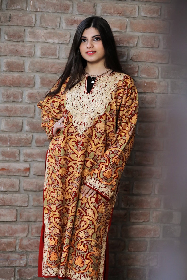 Red Pure Wool Kashmiri Phiran with Jaal Paisley Embroidery